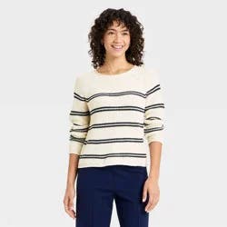 Women's Knit Pullover Sweater - A New Day™ Cream/Navy Striped M