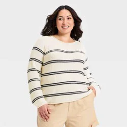 Women's Knit Pullover Sweater - A New Day™ Cream/Navy Striped XXL