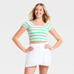 Women's Seamless Cropped Short Sleeve Support Top -JoyLab™ Turquoise/Cream Stripe M
