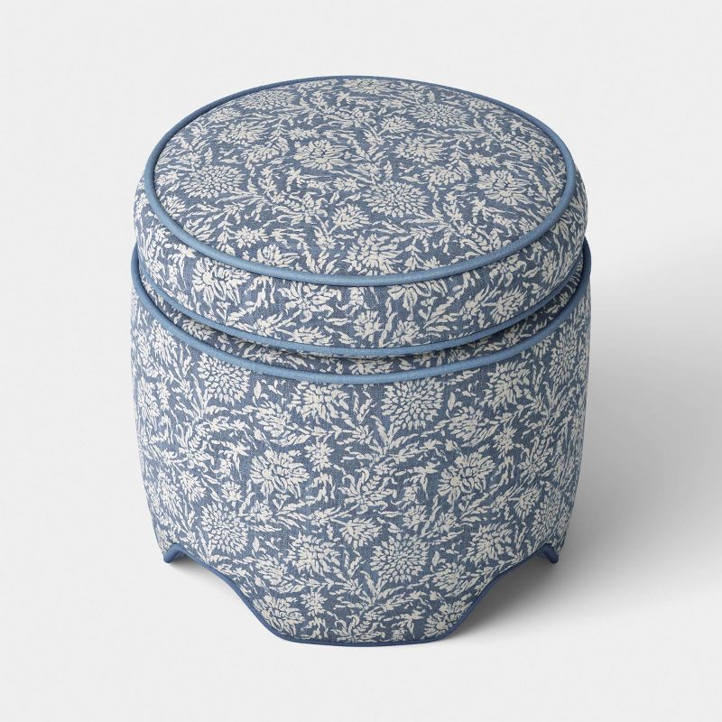 slide 1 of 5, Upholstered Storage Ottoman with Piping Printed Blue Fabric - Threshold™, 1 ct