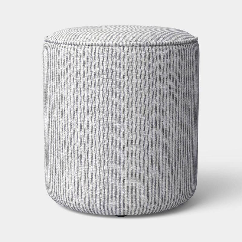 slide 1 of 4, Upholstered Drum Ottoman with Button Tuft and Piping Cream/Blue - Threshold™, 1 ct
