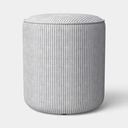 Upholstered Drum Ottoman with Button Tuft and Piping Cream/Blue - Threshold™