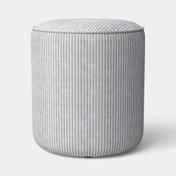 Upholstered Drum Ottoman with Button Tuft and Piping Cream/Blue - Threshold™
