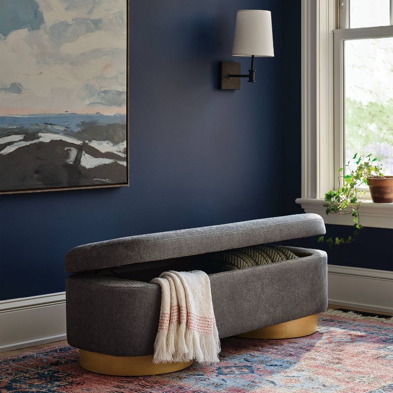 slide 1 of 8, Upholstered Chenille Storage Bench with Wood Finish Legs Slate Graphite - Threshold™, 1 ct