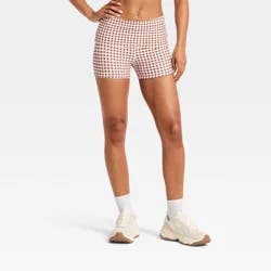 Women's Foldover Waistband Bike Shorts 3" - JoyLab™ Brown Gingham S