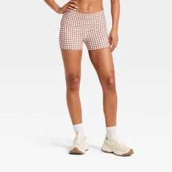 Women's Foldover Waistband Bike Shorts 3" - JoyLab™ Brown Gingham M