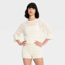 Women's Quarter Sleeve Openwork Crewneck Pullover Sweater - Universal Thread™ Cream L