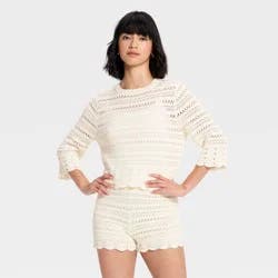 Women's Quarter Sleeve Openwork Crewneck Pullover Sweater - Universal Thread™ Cream L