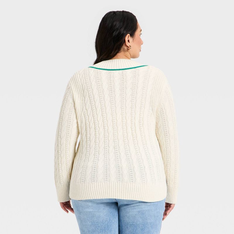 slide 2 of 3, Women's Long Sleeve Cable Knit V-Neck Pullover Sweater - Ava & Viv™ Cream 3X, 1 ct