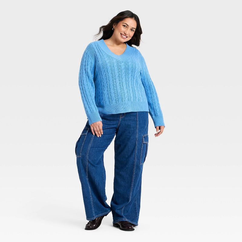slide 3 of 3, Women's Long Sleeve Cable Knit V-Neck Pullover Sweater - Ava & Viv™ Blue 2X, 1 ct