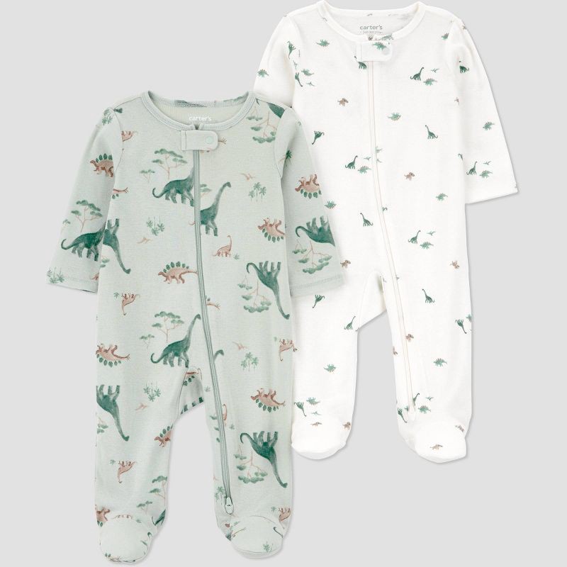slide 1 of 5, Carter's Just One You® Baby Boys' 2pk Dino Long Sleeve Sleep N' Play Footed Pajamas - Green 9M, 2 ct