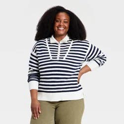 Women's Long Sleeve Mock Turtleneck Quarter Zip Pullover Sweater - Ava & Viv™ Navy Blue Striped XXL