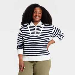 Women's Long Sleeve Mock Turtleneck Quarter Zip Pullover Sweater - Ava & Viv™ Navy Blue Striped 2X