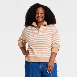 Women's Long Sleeve Mock Turtleneck Quarter Zip Pullover Sweater - Ava & Viv™ Tan Striped XXL