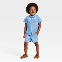 Toddler Boys' Striped Denim Button-Up Shirt & Shorts Set - Cat & Jack™ Medium Wash 5T