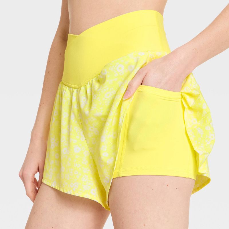 slide 4 of 4, Women's Pleated Side Woven Shorts - JoyLab™ Yellow Floral M, 1 ct