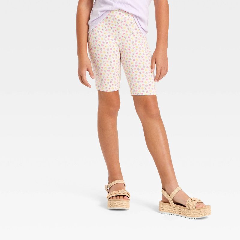 slide 1 of 3, Girls' Floral Bike Shorts - Cat & Jack™ Almond M, 1 ct