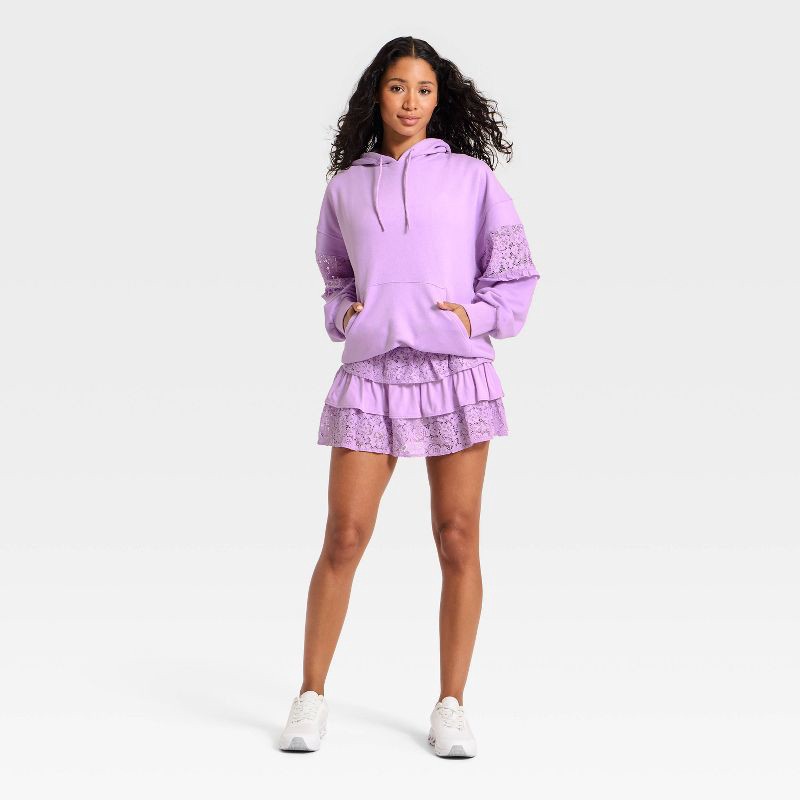 slide 3 of 3, Women's Lace Trim French Terry Hooded Sweatshirt - JoyLab™ Purple S, 1 ct