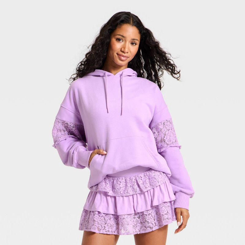 slide 1 of 3, Women's Lace Trim French Terry Hooded Sweatshirt - JoyLab™ Purple XXL, 1 ct