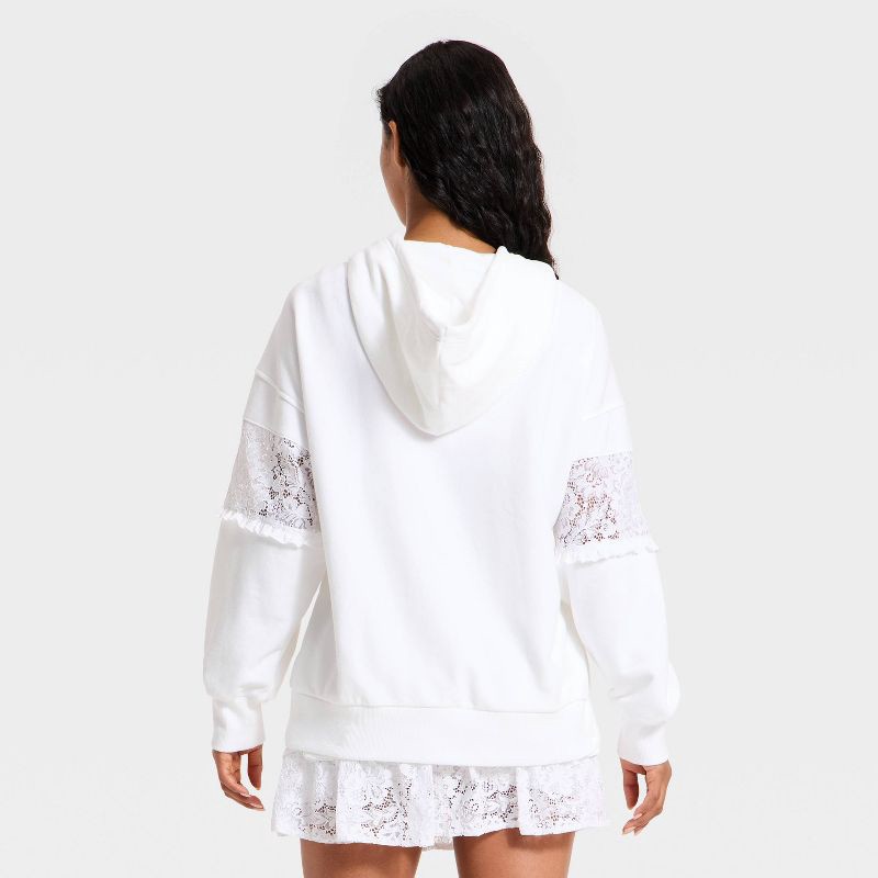 slide 2 of 3, Women's Lace Trim French Terry Hooded Sweatshirt - JoyLab™ White XS, 1 ct
