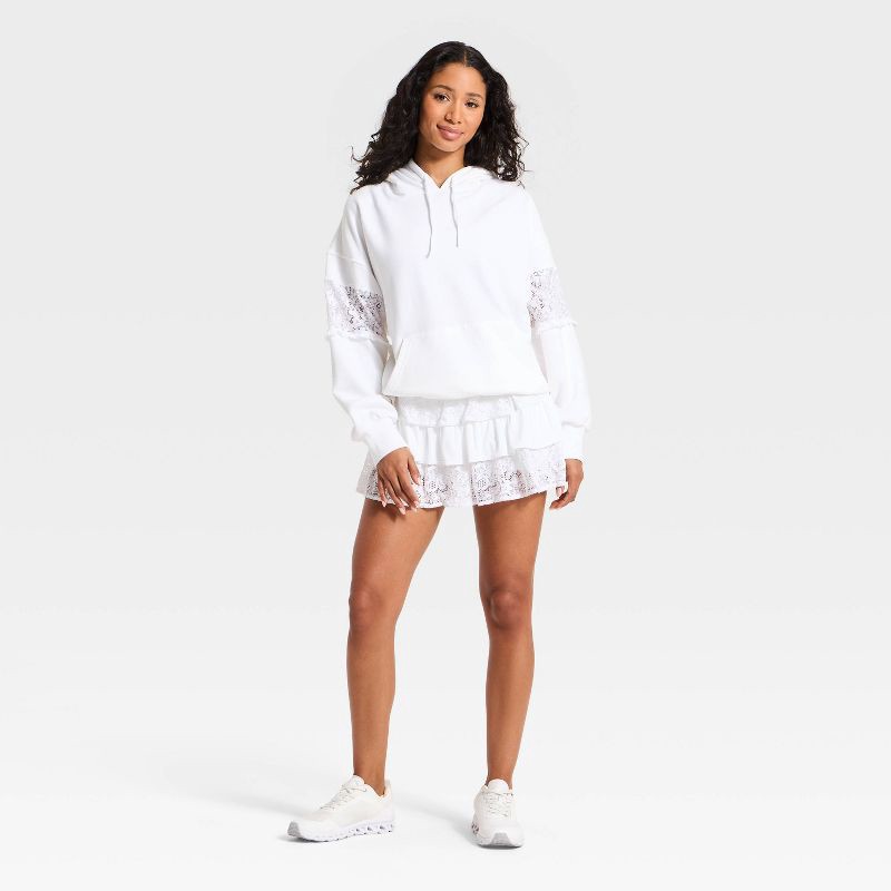 slide 3 of 3, Women's Lace Trim French Terry Hooded Sweatshirt - JoyLab™ White XS, 1 ct
