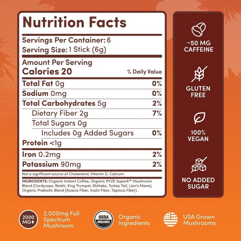 slide 3 of 5, RYZE Organic Medium Roast Mushroom Coffee Sticks - 1.2oz/6ct, 6 ct; 1.2 oz