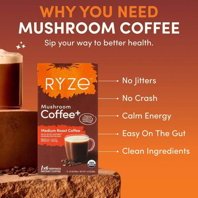 slide 5 of 5, RYZE Organic Medium Roast Mushroom Coffee Sticks - 1.2oz/6ct, 6 ct; 1.2 oz