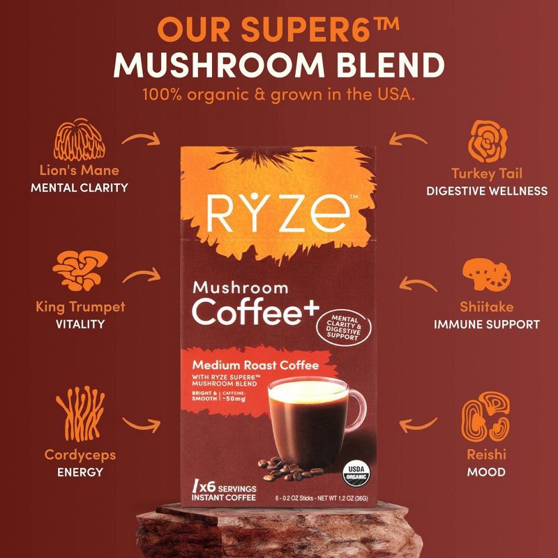 slide 4 of 5, RYZE Organic Medium Roast Mushroom Coffee Sticks - 1.2oz/6ct, 6 ct; 1.2 oz