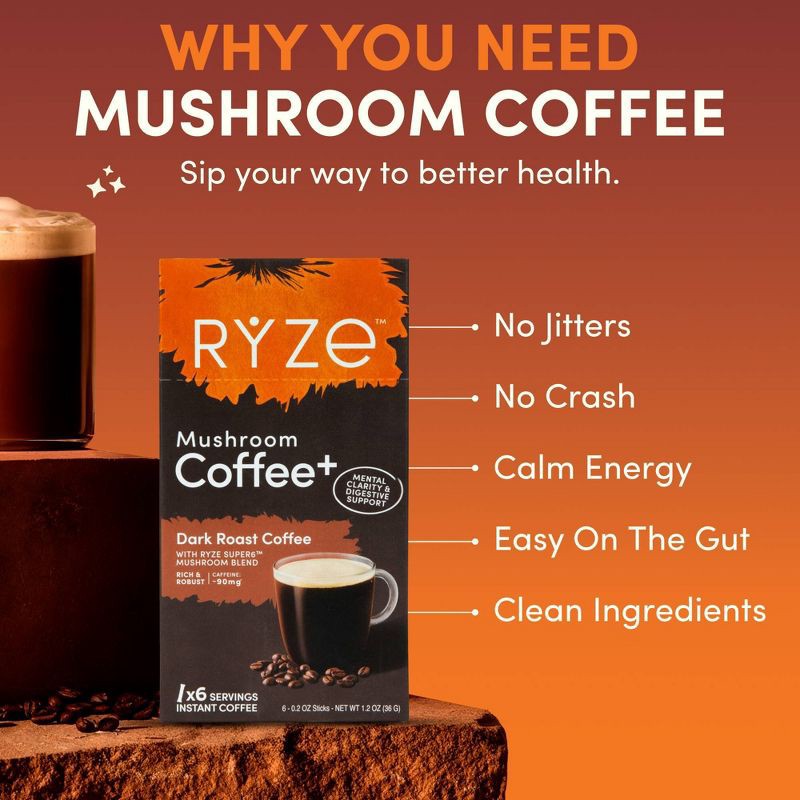 slide 3 of 5, RYZE Dark Roast Mushroom Coffee Sticks - 1.2oz/6ct, 6 ct; 1.2 oz