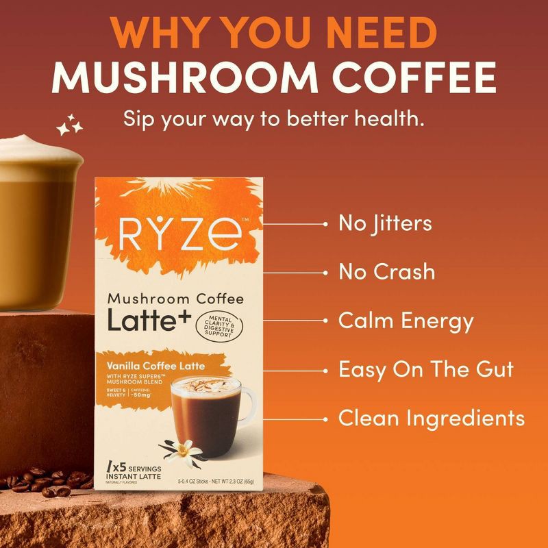slide 5 of 5, RYZE Vanilla Mushroom Coffee Latte sticks - 2.3oz/5ct, 2.3 oz, 5 ct