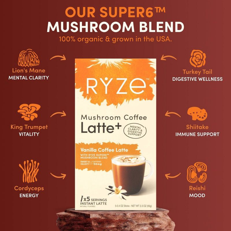slide 4 of 5, RYZE Vanilla Mushroom Coffee Latte sticks - 2.3oz/5ct, 2.3 oz, 5 ct