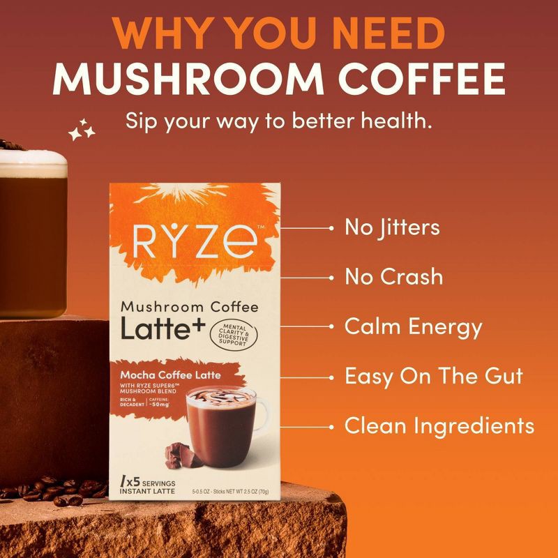 slide 3 of 5, RYZE Mocha Mushroom Coffee Latte sticks - 2.5oz/5ct, 2.5 oz, 5 ct