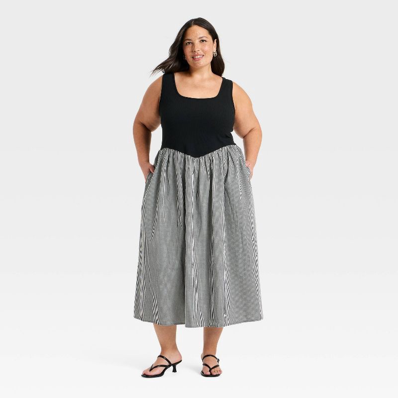 slide 1 of 3, Women's Pullover Knit to Woven Midi Dress - A New Day™ Black/White Gingham XXL, 1 ct