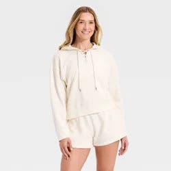 Women's Lace Up Hoodie Pullover Sweatshirt - Universal Thread™ Cream M