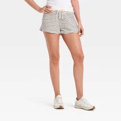 Women's Mid-Rise Fleece Cozy Pull-On Shorts - Universal Thread™ Navy Blue Striped L