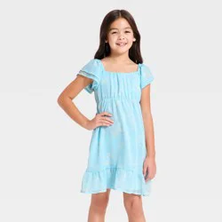 Girls' Ruffle Short Sleeve Chiffon Floral Dress - Cat & Jack™ Light Blue M
