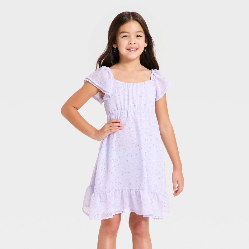 slide 1 of 3, Girls' Ruffle Short Sleeve Chiffon Floral Dress - Cat & Jack™ Light Purple M, 1 ct
