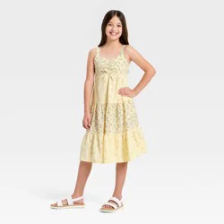Girls' Woven Seersucker Floral Printed Midi A-Line Dress - Cat & Jack™ Yellow S