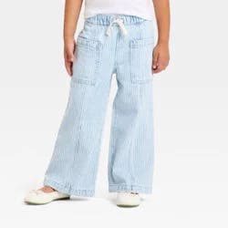 Toddler Girls' Stripe Print Wide Leg Denim Pants - Cat & Jack™ Light Wash 5T