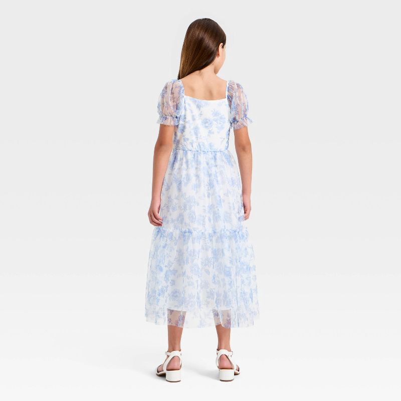 slide 2 of 3, Girls' Puff Sleeve Floral Maxi A-Line Dress - Cat & Jack™ Ivory/Blue S, 1 ct