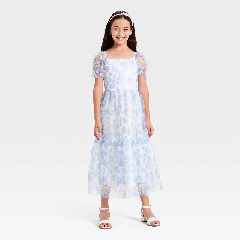 slide 3 of 3, Girls' Puff Sleeve Floral Maxi A-Line Dress - Cat & Jack™ Ivory/Blue S, 1 ct