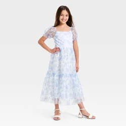 Girls' Puff Sleeve Floral Maxi A-Line Dress - Cat & Jack™ Ivory/Blue M