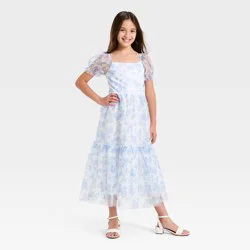 Girls' Puff Sleeve Floral Maxi A-Line Dress - Cat & Jack™ Ivory/Blue L