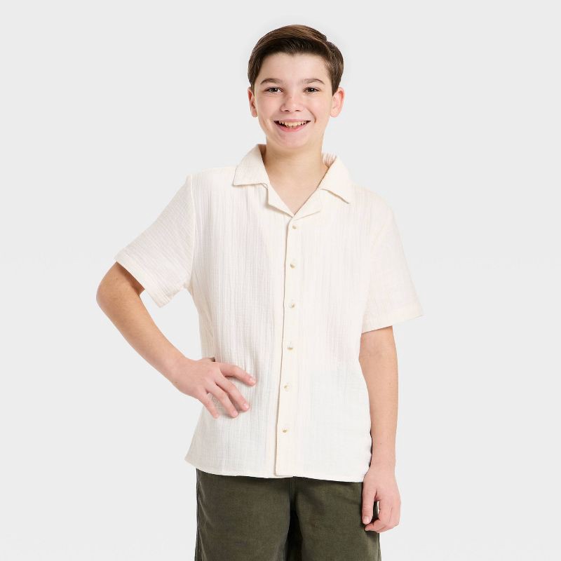 slide 1 of 3, Boys' Short Sleeve Woven Button-Up Shirt - art class™ Cream L, 1 ct