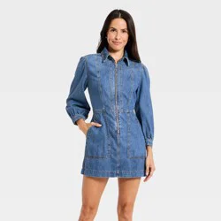 Women's Long Sleeve Zip Front Midi Denim Dress - Universal Thread™ Medium Wash M