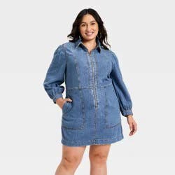 Women's Long Sleeve Zip Front Midi Denim Dress - Universal Thread™ Medium Wash XXL