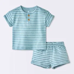 Baby Boys' 2pc Striped Henley T-Shirt and Shorts Set - Cloud Island™ Light Blue 12M