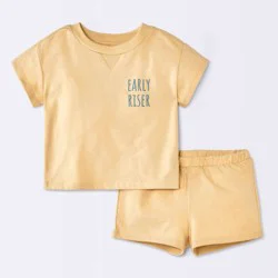 Baby Boys' 2pc Early Riser Graphic T-Shirt and Shorts Set - Cloud Island™ Mustard Yellow 0-3M