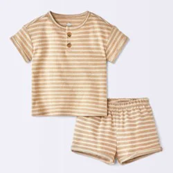 Baby Boys' 2pc Striped Henley T-Shirt and Shorts Set - Cloud Island™ Tan 12M