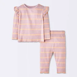 Baby Girls' 2pc Striped Ruffle Long Sleeve T-Shirt and Leggings Set - Cloud Island™ Pink 0-3M